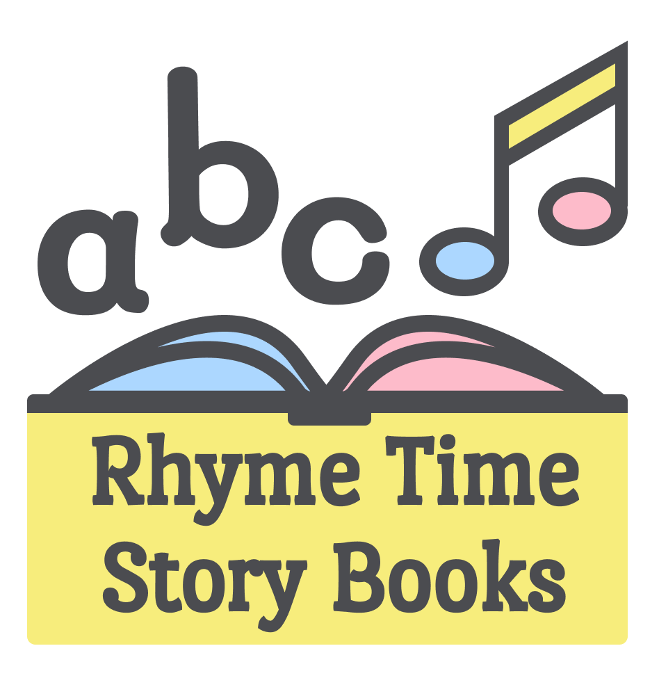 Rhyme Time Story Books logo features an open book with the letters a, b and c leaping off the pages along with a music note. The colors are pastel pink, blue and yellow